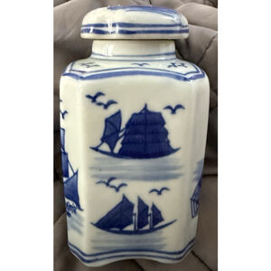 Nantucket Nautical Porcelain Canister 6" Tall Blue And White Ships Sails EUC